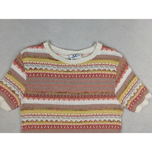 AMERICAN COLLECTION - WOMEN'S CORAL ORANGE STRIPED SHORT SLEEVE PULLOVER SWEATER - Picture 4 of 12